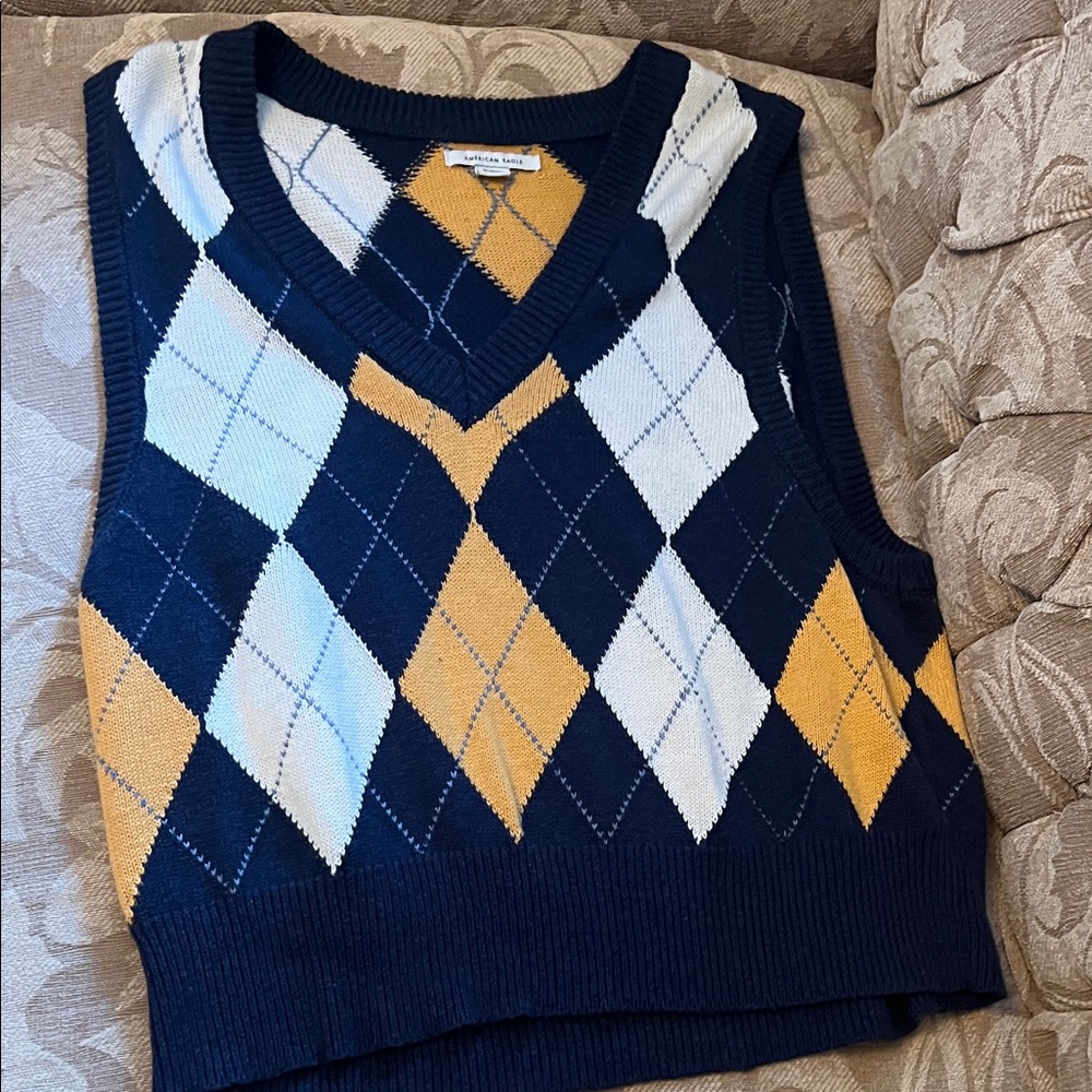 American Eagle Outfitters Argyle V-Neck Sweater Vest - Navy, White, Yellow